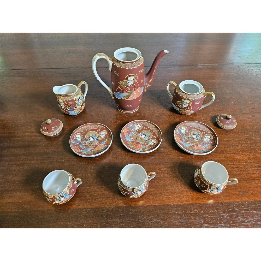 Hand Painted Tea Set Vintage Red Moriage Immortals Porcelain 9pc Set - Picture 8 of 9